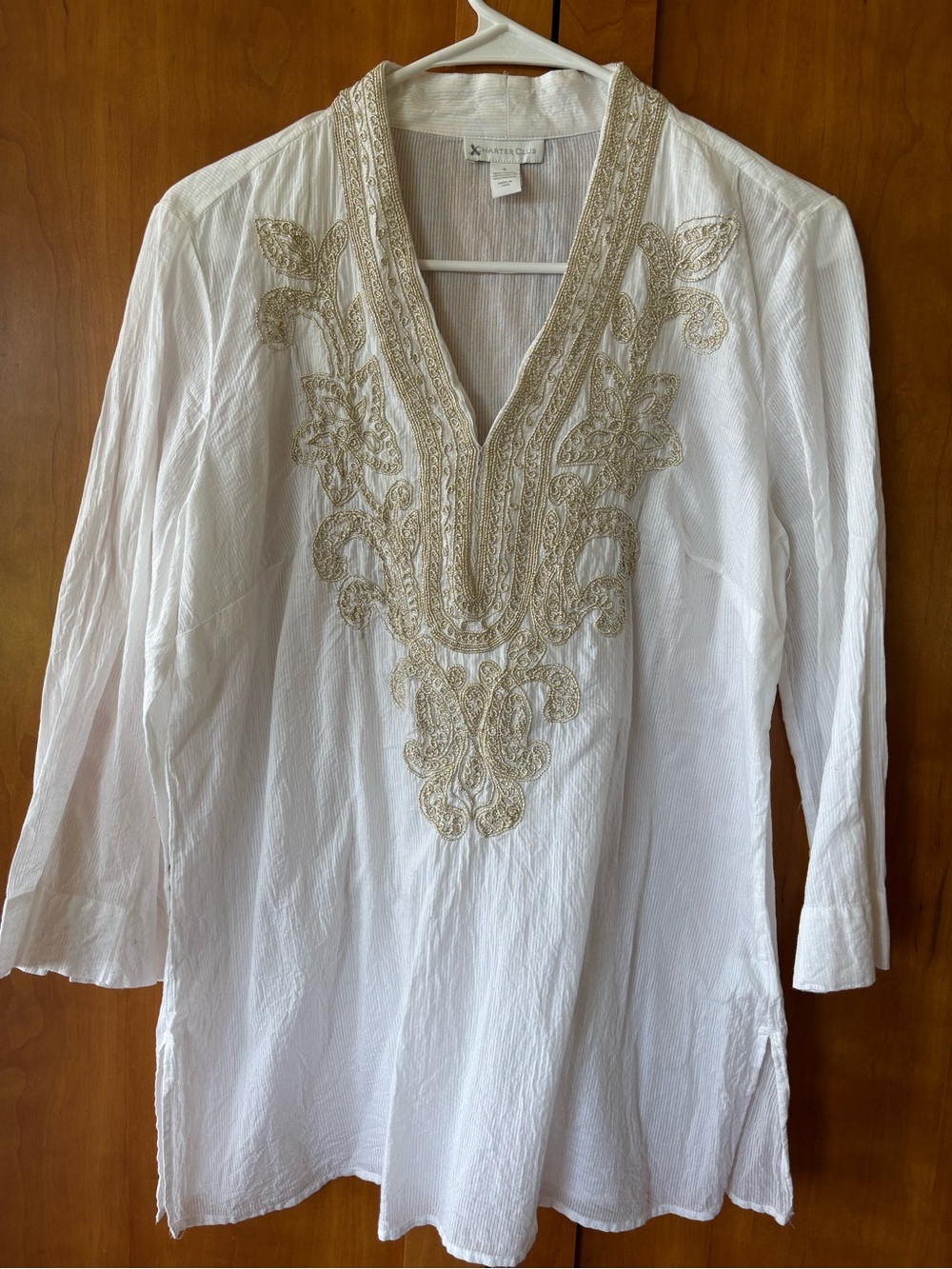 Beautiful White Tunic with Gold Embroidered V-Neck like new condition quick ship